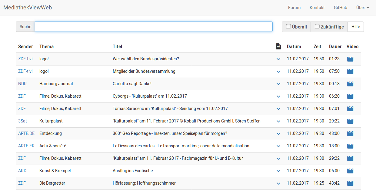 Screenshot von MediathekViewWeb