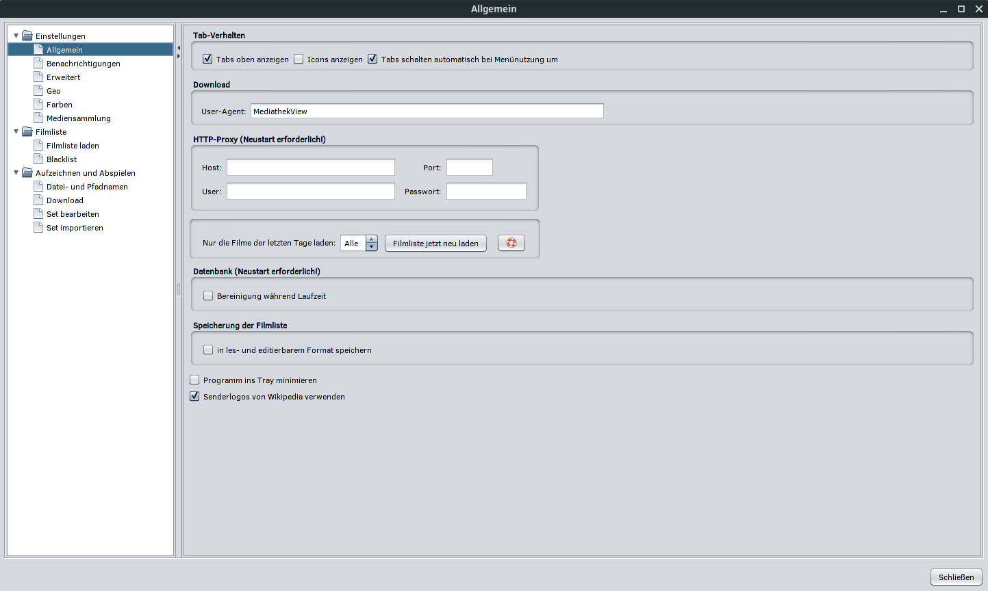 MediathekView Einstellungen - Allgemein