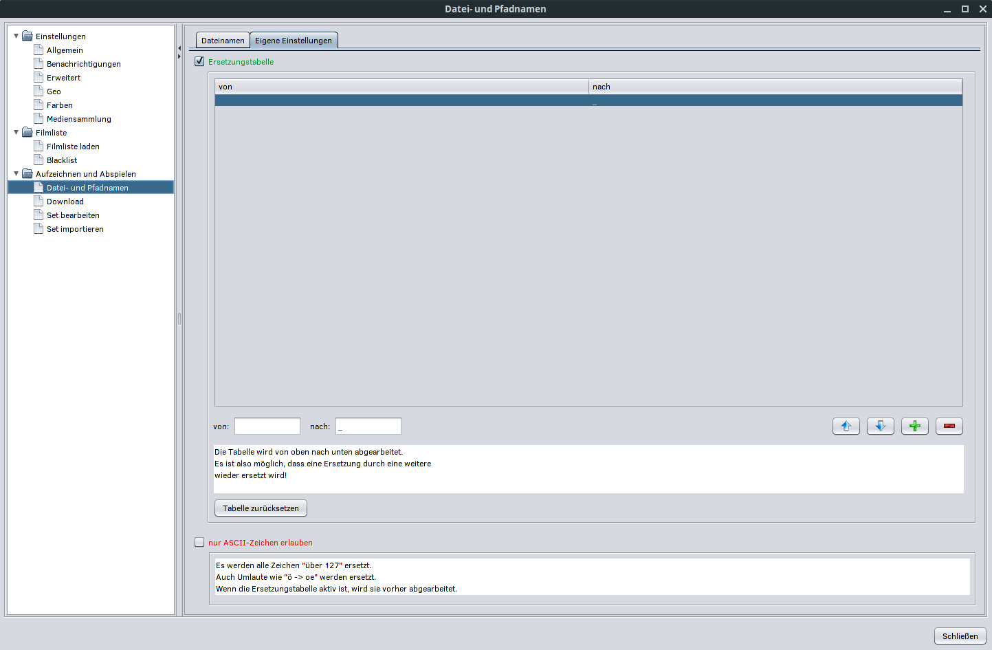 MediathekView Einstellungen - Ersetzungstabelle