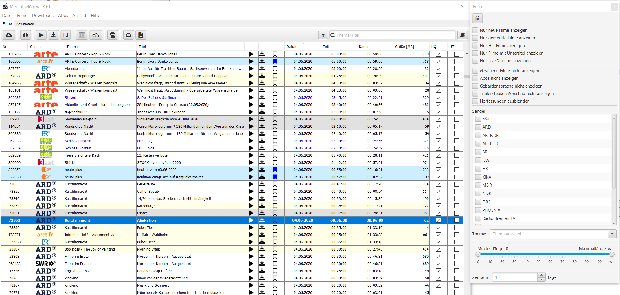 MediathekView Filmliste Übersicht